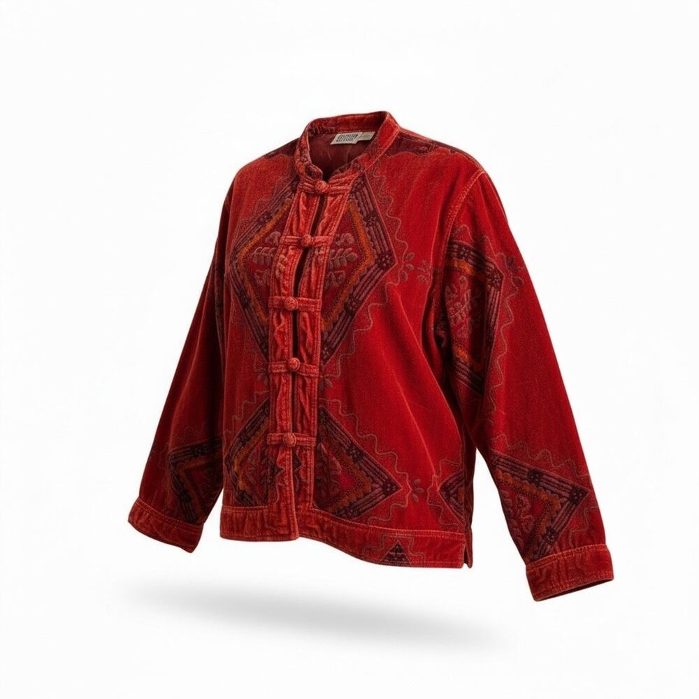 Vintage Chico’s Design Silk Burnout Velvet Jacket Burnt Orange Frog Closure Sz 1